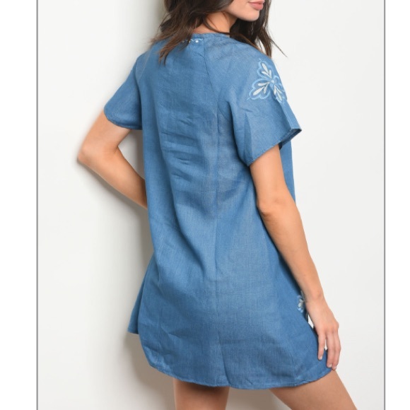 Indigo embroidered denim chambray tunic dress. - Picture 2 of 6